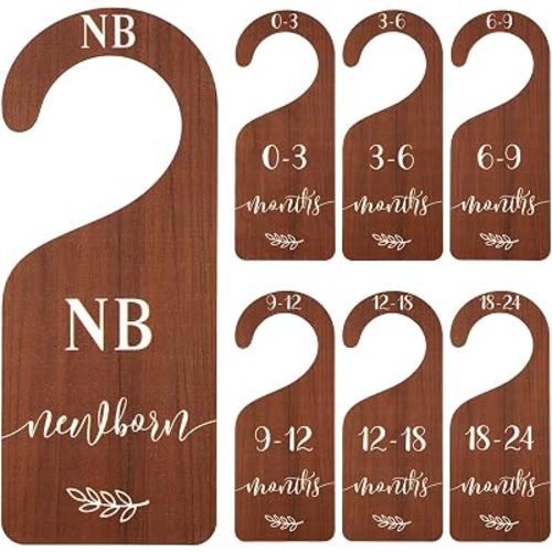 Whaline 7 Pcs Wooden Baby Closet Size Dividers with Pink Velvet Bag Newborn to 24 Month Thicken Infant Wardrobe Organizers Home Nursery Hanger Decor for Baby Shower Party Gift Supplies