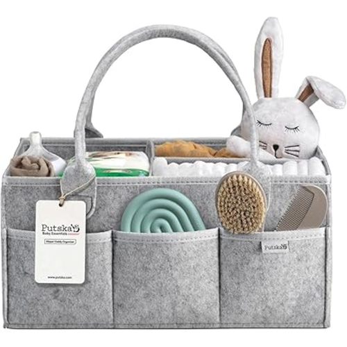 PUTSKA Baby Diaper Caddy Organizer - Nursery Storage Basket for Diaper Station, Baby Basket Shower Gift List and Registry Must-Have, Newborn Essentials, Nursery Decor for Boy or Girl - Grey, Large