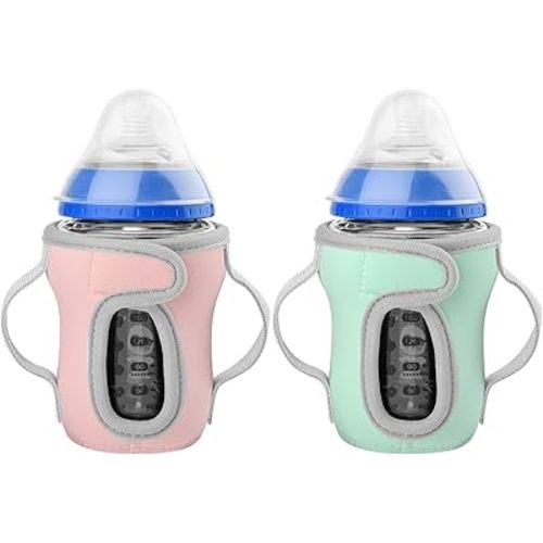 Beautyflier Glass Baby Bottle Sleeve Covers for 9oz Nature Baby Bottles with Dual Handle, 3.8mm Thicken Heat and Cold Retention Baby Bottle Sleeve (Pink+Green)