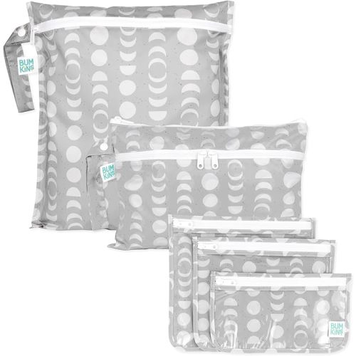 Bumkins - Waterproof Wet Bag, Wet/Dry Clutch & Clear Travel Bags - For Beach, Baby, Travel, Cloth Diapers, Pump Parts, Pool, Gym, Toiletries - Reusable & Easy to Clean - Lunar Gray - 5 Pack