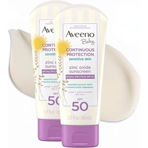 Aveeno Baby Continuous Protection Zinc Oxide Mineral Sunscreen Lotion for Sensitive Skin,Broad Spectrum SPF 50,Tear-Free,Sweat- & Water-Resistant,Paraben-Free,Travel-Size,3 fl. oz,(Pack of 2)