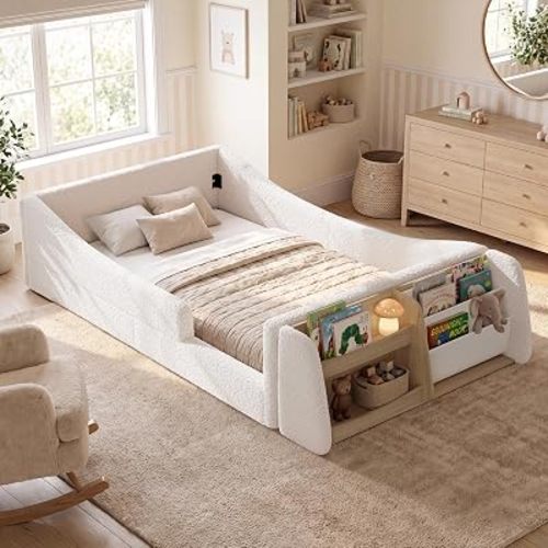 HAUOMS Floor Bed, Low Montessori Beds, Slats & High Rails, Upholstered Bed