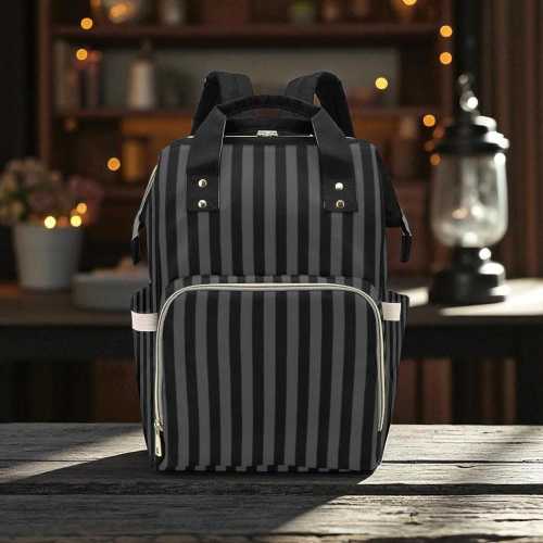 Black Striped Backpack, Gothic Diaper Bag, Dark Academia Organizer, Witchy Mom Tote, Alternative Baby Gear,Elegant Goth Gift,Goth Travel Bag