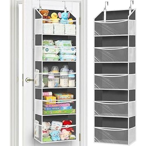 Ofiray-home Over Door Organizer with 5 Large Pockets, 5 Transparent Front Pockets & 10 Mesh Side Pockets, 50 lbs Weight Capacity Hanging Storage for Toys, Shoes, Diapers, Pantry – Grey