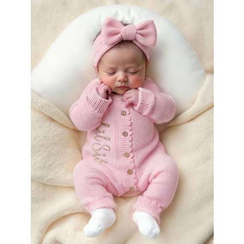 SHEIN 2Pcs Set Sage Green Autumn Funny Graphic New Born Photoshoot Hello World Baby Arrival Announcement Outfit Knitted Newborn Boy Girl Jumpsuit Bear Hat | SHEIN USA