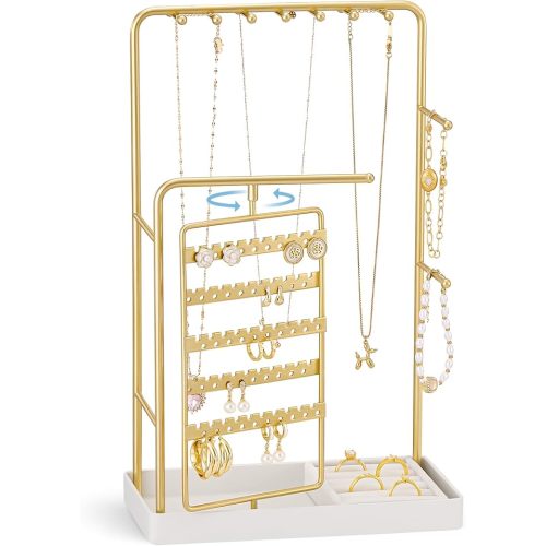 ProCase Jewelry Stand Holder Organizer, Jewelry Display Storage with Ring Tray, Rotating Earring Bracelet Necklace Holder, Valentine's Gifts Room Dorm Decor for Teen Girls -Gold (No-Assembly)