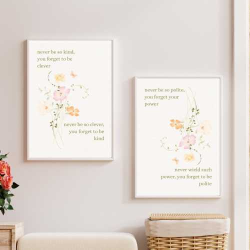 Set of 2 Music Lyric Print Never Be So Kind You Forget to be Clever Marjorie Poster Wildflower Nursery Decor Music Lyric Wall Art Girl Room