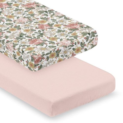 Sweet Jojo Designs Baby Girl Fitted 100% Cotton Muslin Crib Sheets Set Vintage Floral Pink Green and Yellow 2pc