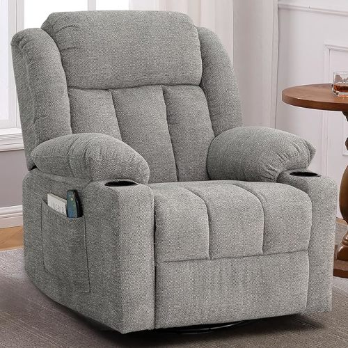 Rocker Swivel Recliner Chair for Adults, Overstuffed Large Manual Recliner Glider with Massage and Heat, Comfy Soft Fabric Living Room Reclining Sofa Chair (Lime Gray)