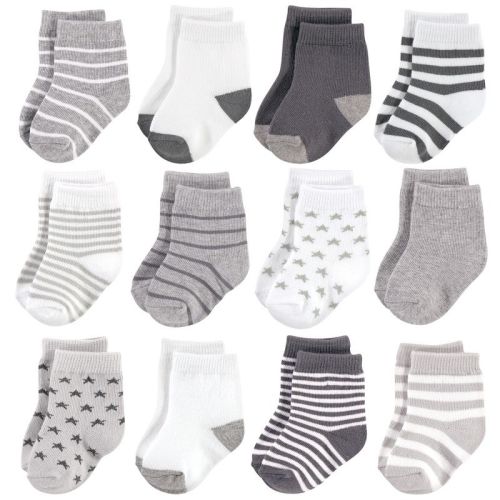 Hudson Baby Infant Unisex Cotton Rich Newborn and Terry Socks, Gray White Star, Size: 0-6 months