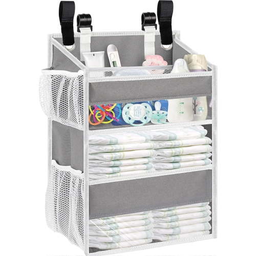 Hanging Diaper Organizer for Changing Table,Cribs,Car,Playard or Wall & Nursery Organization-Durable 2-Tier Diaper Organizer with Mesh Pockets and Viewable Design, Won't Deform, Light Gray