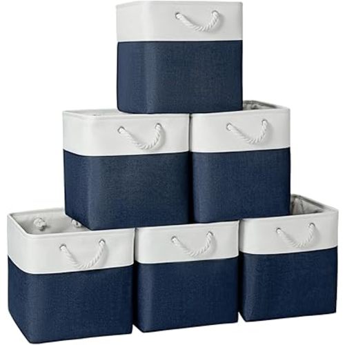 Fabric Storage Cubes, 11 inch cube storage bin with Handles, 11x11cube storage organizer bins, Collapsible Storage Bins for Shelves and Home, Cubby Storage Bins (white-navy, 10.5x10.5x11in)