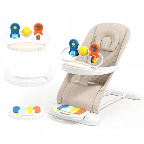 Babyomi 4 in 1 Baby Bouncer, 3-Level Recline Foldable Rocker for Infant to Toddler 0-6 with Detachable Pianos, Feeding Tray and Play Bar 12-24 Months, Girls and Boys Gift, Beige