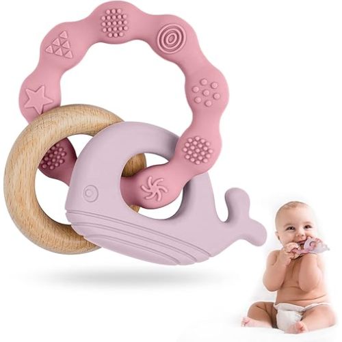 Vicloon Baby Teether Toys, Silicone & Natural Wood Teether Ring, Baby Teething Toys for Babies 0 Months, Silicone Chewable Rings for Newborn Gift（Pink）