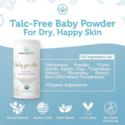 USDA Organic Baby Powder Talc-Free Dusting Powder - Soothing Organic Arrowroot, Calendula and Cornstarch Baby Powder for Newborn, Babies and Toddlers - Made in USA - 3oz/85g