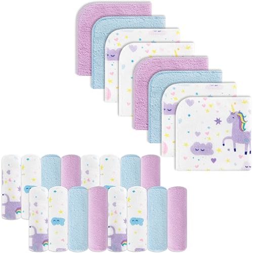 Baby Washcloths, 24Pack Baby Wash Cloths Extra Soft & Ultra Absorbent, Baby Towels and Washcloths Face Towels for Unisex Boys Girls Body, Washclothes Gentle on Sensitive Skin, 9x9 Rainbow Unicorn