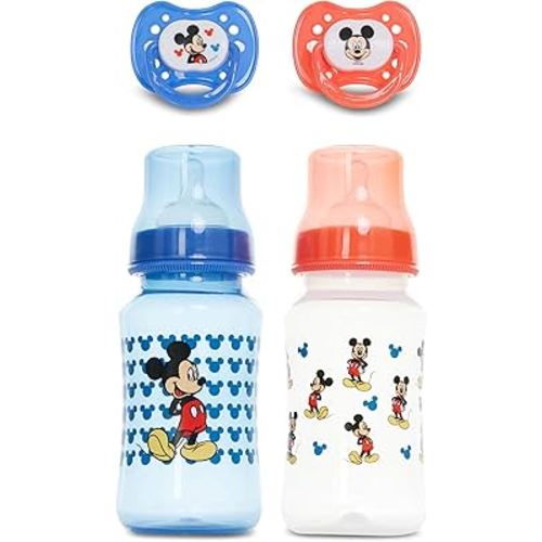Disney Baby Bottles and Pacifiers Set – 2 Hourglass-Shaped 11oz Bottles + 2 Orthodontic Pacifiers – Officially Licensed Mickey, Minnie, Pooh & Dumbo Designs – BPA-Free Feeding Gift Set