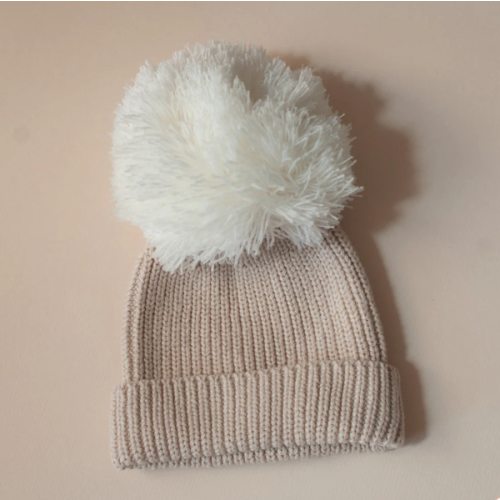 Cuff Knit Pom Pom Beanie in Tan