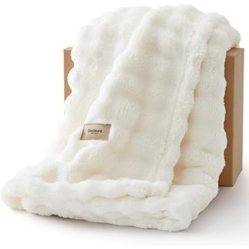 Bedsure 3D Fleece Bubble Blanket for Couch - GentleSoft White Spring Throw Mother's Day Blanket for Sofa Bed Room Decor - Luxury Soft Cozy Blanket Gifts for Women, Lightweight, Off White, 50"×60"