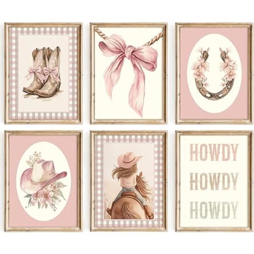 Western Cowgirl Nursery Wall Art Decor Vintage Girl Room Canvas Poster Pink Coquette Nursery Art Prints Preppy Aesthetic Pictures Bow Floral Boots Artwork for Girls Bedroom 8x10 Inch Unframed 6Pcs