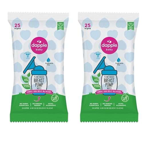 Dapple Breast Pump Wipes, Powered by Plants, Hypoallergenic, Removes Milk Residue, Fragrance Free, Convenient Wipes Pouch, 25 Count (2 Pack)