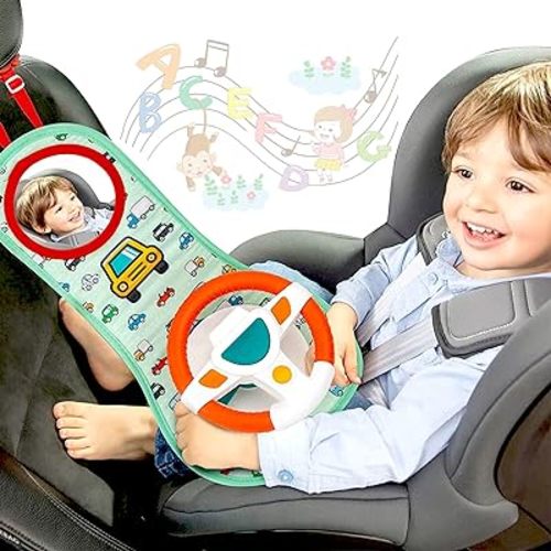 COVTOY Baby Car Seat Toys for Infants with Mirror, Steering Wheel, Music Lights, Driving Sounds - 6-12 Months