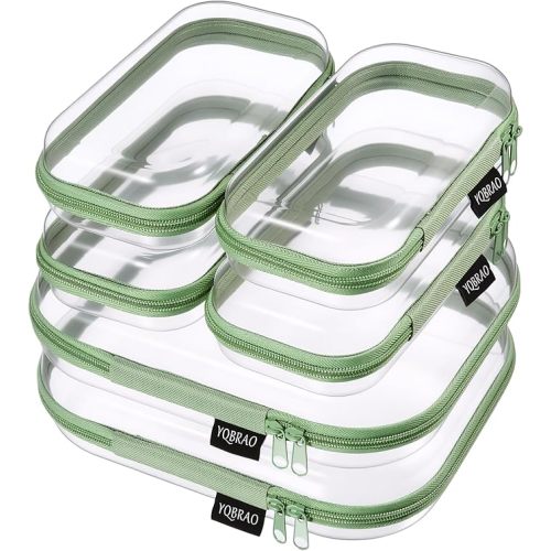 6 Pack Green Clear Hard Shell Beauty Organizer (2M+4S), 1.2mm Heavy Duty Crush-Proof Cosmetic Case, Reinforced YKK Zippers, Stadium Approved Security Bag for Skincare & Electronics, Multi-Size Set