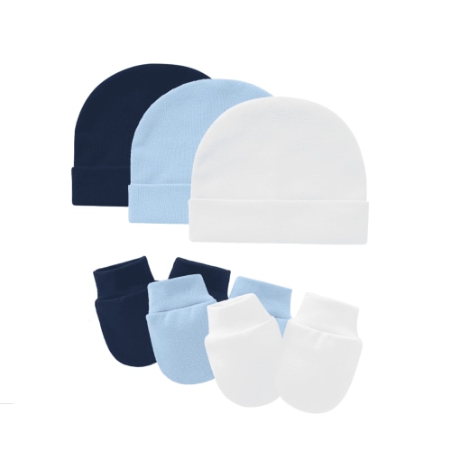 Tisoloow Baby Hats with Scratch Mittens Set Unisex Newborn Hospital Hats for Baby Boys Girls Cute Infant Beanie Caps Cotton Soft Baby Hat 0-6 Months Navy&Light Blue&White One Size