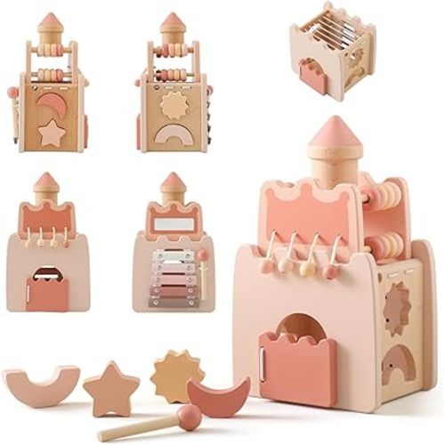 IEATFO Wooden Baby Activity Cube for Toddlers 1-3,5 in 1 Castle Shape Sorter Bead Maze Montessori Toys for Baby 6 Months+, Educational Learning Toy for Kids 1 Year Up