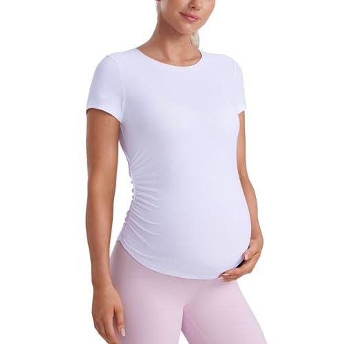 CRZ YOGA Cloudweight Maternity Shirts for Women Pregnancy Short Sleeve Side Ruched Tops Soft Workout Casual Athletic T-Shirt