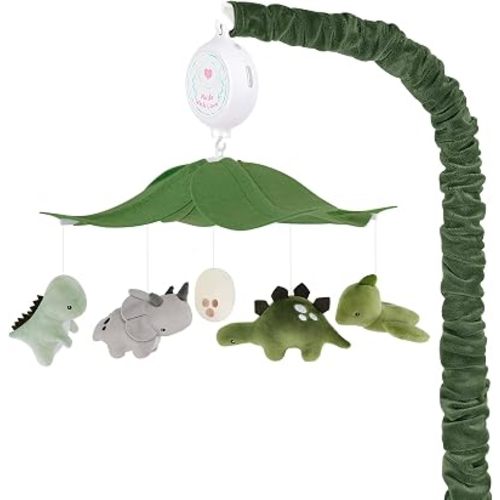 Dinosaur Crib Mobile – Grey and Green Dino Baby Crib Mobile with Upgraded 3-Mode Music Box, Jurassic Theme Baby Mobile for Boys & Girls, Nursery Mobiles, Fits Standard Crib