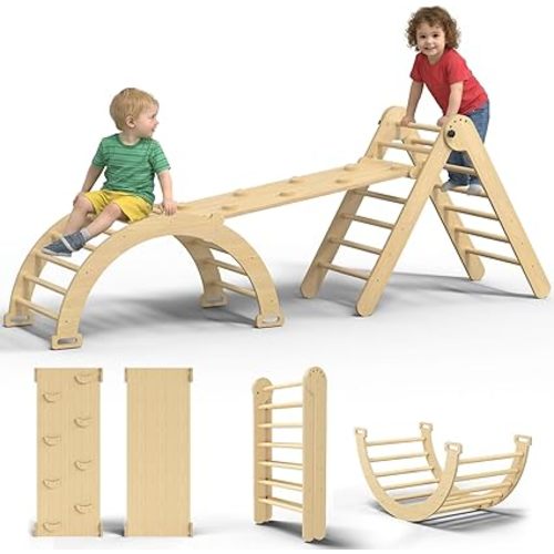 Large Pikler Triangle Set, 7-in-1 Toddler Climbing Toys Indoor, Wooden Montessori Climbing Set with Arch Ramp Ladder, Foldable Baby Jungle Gym Playground (Wood Natural)
