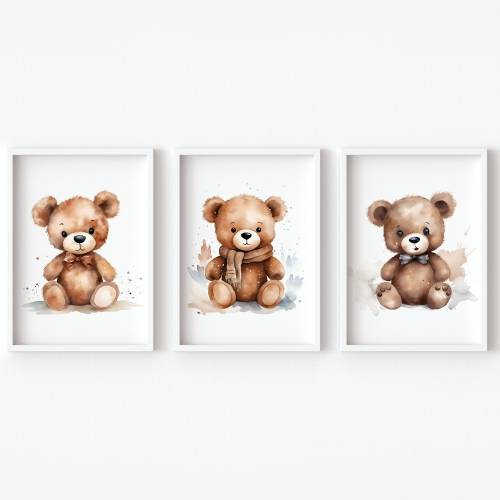 Brown Teddy Bear Art Printable Baby Boy Nursery Wall Decor neutral Kids Bedroom Animals set of 3 digital gift children posters pastel boho