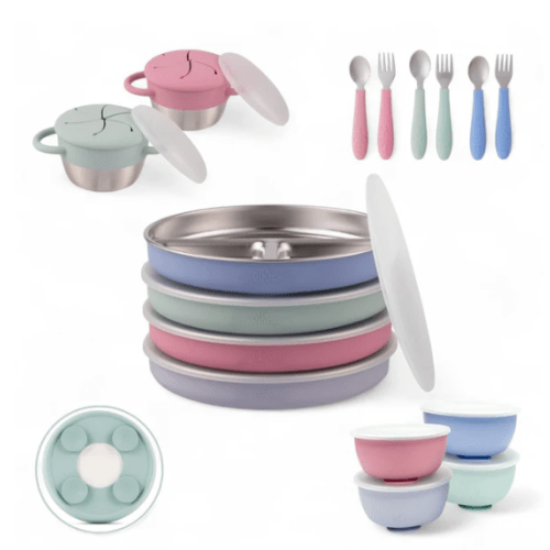 Stainless Steel Mealtime Bundle | Sucton Sleeves | Plates, Bowls, Snack Cups + Toddler Utensils | 16 Pcs | Blush/Lilac/Sage/MistyBlue