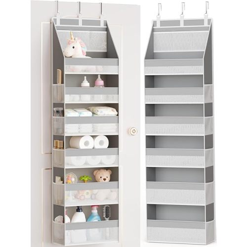 Criusia Over The Door Organizer, Heavy-Duty 6-Shelf Hanging Storage with 13 Mesh Pockets, 55lbs Capacity Behind The Door Storage for Nursery, Bathroom, Bedroom, and Dorm, Grey