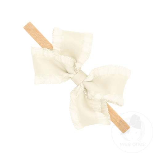 Medium Ruffle Edge Satin Grosgrain Underlay Bow on Baby Band - ANTIQUE WHITE / NB | Wee Ones Hair Bows & Accessories