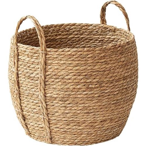 Rattan Grass Woven Flower Basket, Decorative Round Wicker Woven Rope Storage Blanket Basket with Woven Handles,Planter Pot for Living Room,Floor Standing Storage,Balcony Garden Decoration