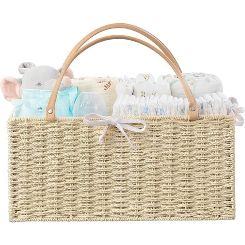 HBlife Baby Diaper Caddy Organizer, Paper Rope Storage Baskets Nursery Bin with Removable Divider, Portable Car Organizer for Diapers, Baby Shower Gifts, Newborn Essentials Must Haves