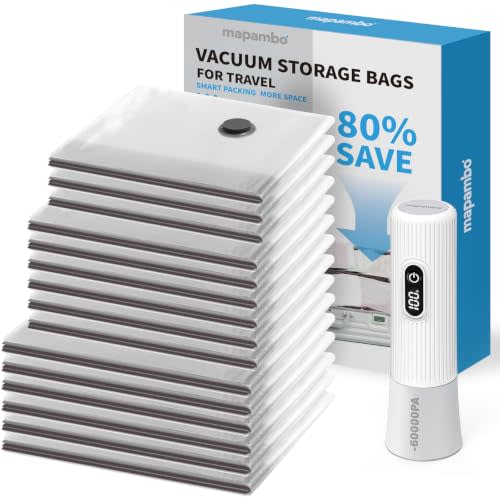 Mapambo Travel Vacuum Bags with -60000Pa LED Pump, 15 Pack Vacuum Seal Bags for Clothing Travel in 3 Combo Sizes, Vacuums Storage Bags for Clothes, Save 80% of Space (15 Combo Size)