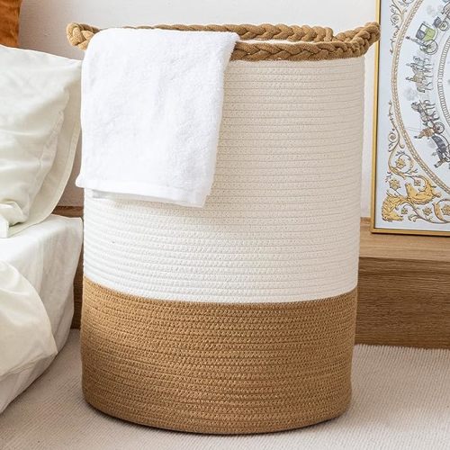 58L Woven Laundry Basket,Tall Wicker Laundry Basket for Blankets,Clothes,Pillows,Toys,Shoes Large Cotton Laundry Hamper for Bedroom Living Room Bathroom Nursery White Brown