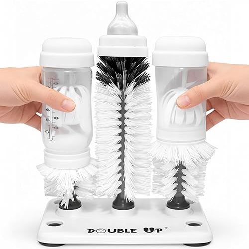 Double Baby Bottle Brush & Nipple Cleaner Brush Set with Suction Base - Cleans Two Bottles at Once & Nipple - High Density Bristles, Dishwasher Safe - Baby Gift & Newborn Essential