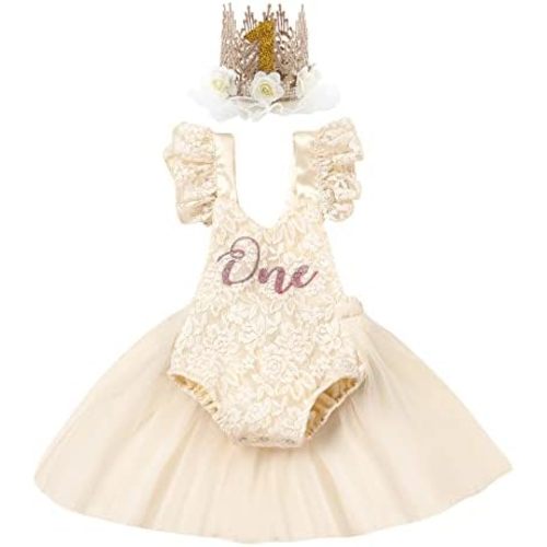 Baby Girl 1st Birthday Outfit Lace Tulle Romper Princess Tutu Dress Headband Shiny ONE Cake Smash Photo Shoot Clothes