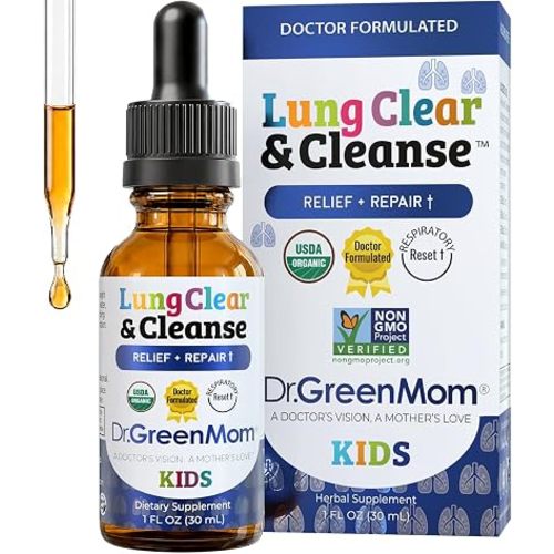 Dr Green Mom Lung Clear & Cleanse — Kids Lung & Bronchial Support Drops — Mullein Respiratory Supplement for Kids — Easy Breathing & Immune Support During Increased Exposure to Pollution — 1 fl oz