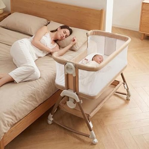 3 in 1 Baby Bassinet Bedside Sleeper, Beige Cosleeper Bassinet with Rocking Mode, 6 Adjustable Heights Side Sleeper, Aluminum Alloy Frame, Baby Crib with Mosquito Net & Storage Basket for Newborn