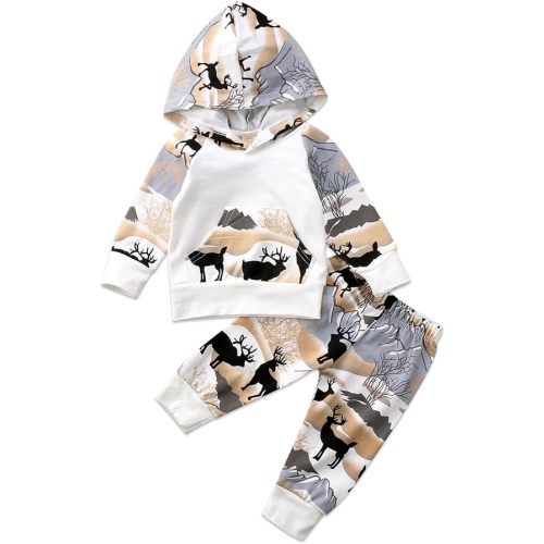 2Pcs Baby Boys Hoodie Tops Pants Set Dinosaur Deer Print Sweatsuit Fall Winter Outfits