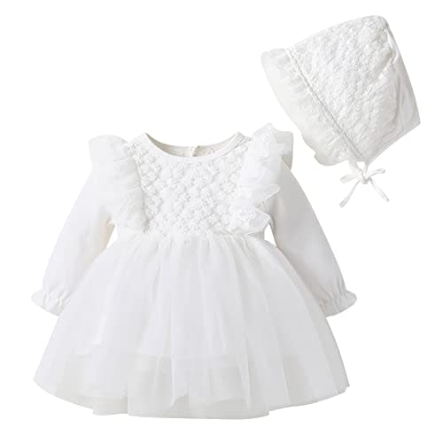 Toddler Baby Girl Long Sleeve Fall Dress Flower Lace Wedding First Birthday Baptism Christening Dresses with Hat Outfit