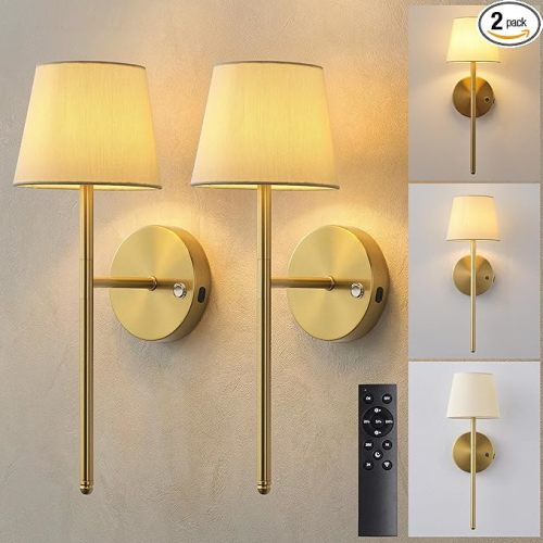 Gold Wall Sconces Set of Two, Small Rechargeable Battery Operated Wall Lamp with Remote, 5200mAh Cordless Wall Lights with Fabric Shade for Bedroom, Bedside, Nursery, Kitchen, Night Light