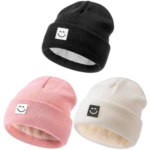 Baby Beanie Hat 3 Packs with Cute Smiley Face, Toddler Girls Boys Baby Hats Winter, Kids Winter Hat Cold Weather