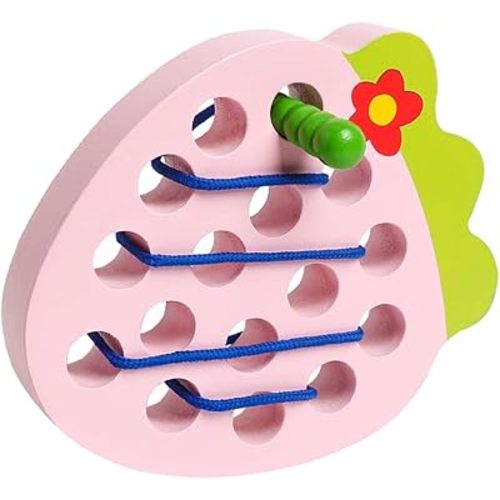 Skrtuan Wooden Lacing Threading Toys Wood Block Puzzle Car Airplane Travel Game Montessori Early Development Fine Motor Skills Educational Gift for 3 4 5 Years Old Toddlers Baby Kids, 1 Strawberry