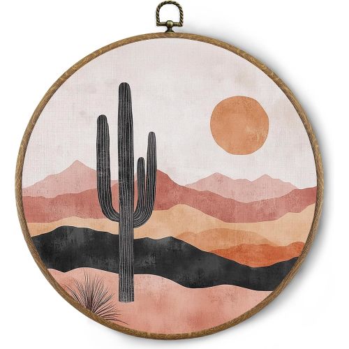 BitKAM Vintage Boho Western Round Wall Art Decor, Retro Southwestern Mountain Cactus Desert Landscape Canvas Prints Framed, Western Boho Wall Hanging Decorations for Home Bedroom Office, 10x10 Inch